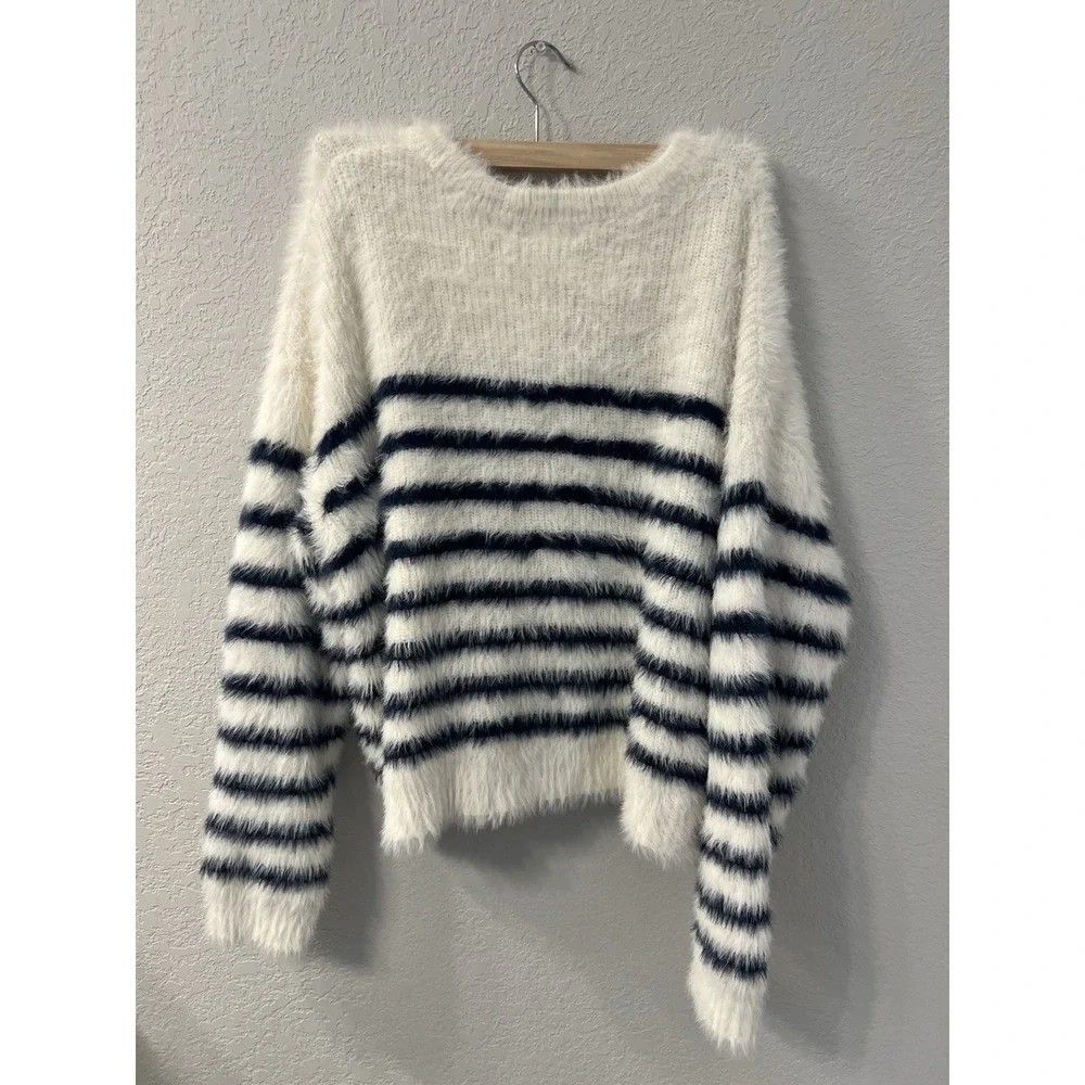 La Ligne Target Womens Fuzzy Yarn Striped Crewneck Sweater Blue White Sz L